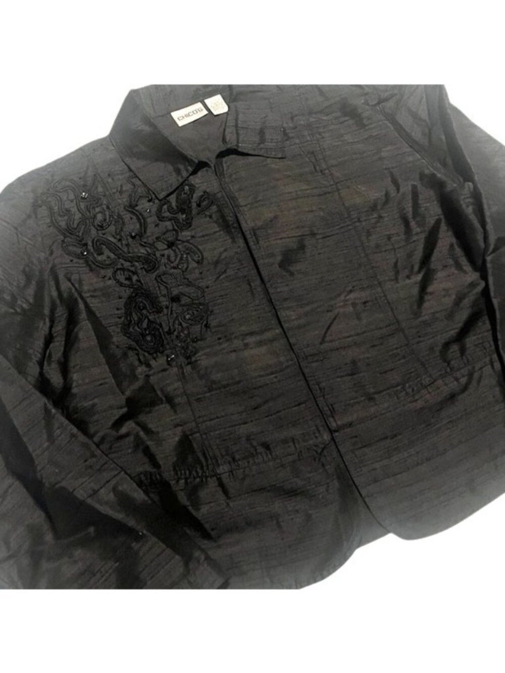 Chico's Black Silk Beaded Detail Front and Back Open Front Jacket Size Large